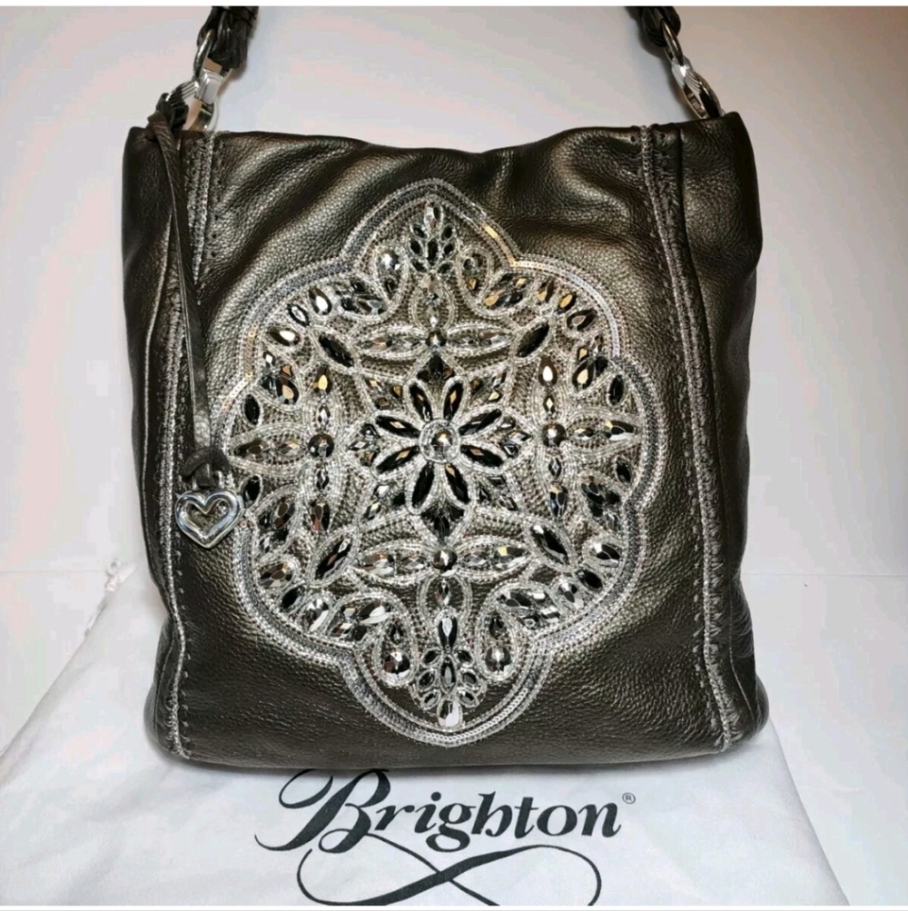 Brighton Metallic Pewter Anju Masterpiece Collection Leather Shoulder Bag EUC